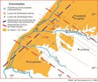 Figura 1. Ocorrências de arenitos silicificados na parte meridional da Bacia Bauru. As mais importantes: 3M Três Morrinhos (PR); MD, Morro do Diabo (SP); SI, morro da fazenda Santa Ida (SP) e PR, morrote da fazenda Porto Rico (m.e. rio Parana).