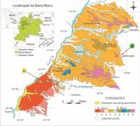 Fig  4: Mapa geológico da parte oriental da Bacia Bauru. 1.Fm. Rio Paraná, 2.Fm. Goio Erê, 3.Fm. S. Anastácio, 4.Fm. Vale do Rio do Peixe, 5.Fm. Araçatuba, 6.Fm. S. José do Rio Preto, 7.Fm. Pres. Prudente, 8.Fm. Uberaba, 9.Fm. Marília.