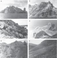 Fig. 1 - a) Aspecto da Ilha da Trindade vista de noroeste; b) Extremidade noroeste da ilha Acham-se aí expostos 400m de espessura do Complexo de Trindade e extenso dique de fonólito sustenta a Crista de Galo; c) Dois derrames tannbuschíticos da Formação Valado intercalados em blocos do cone de dejeção do
córrego do Valado que então já se achava em crescimento; d)No primeiro plano as lavas e piroclastos da Sequência Desejado avançam sobro o fonólito do Pico das Grazinas. Abaixo, à esquerda, o planalto de lavas da Formação Morro Vermelho; e)No primeiro plano vê-se a Formação Morro Vermelho e o canion do córrego Vermelho; f) Vertente em ankaratritos do córrego Vermelho.