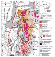 Figura 3 – Mapa geológico simplificado de parte do Orógeno Araçuaí com o limite da Província Pegmatítica Oriental Brasileira (em linha vermelha) de acordo com Putzer (1976), os limites dos distritos pegmatíticos e a localização da área onde se insere o campo pegmatítico Galileia – Mendes Pimentel (retângulo azul). B – Brasilândia; CC – Carlos Chagas; M – Manhuaçú; MF – Miniz Freire; N – Nanuque; SV – São Victor (compilado de Correa Neves et al. 1986; Pedrosa-Soares et al. 2011).