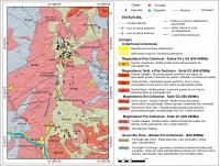 Figura 4 – Mapa geológico do campo pegmatítico Galileia – Mendes Pimentel, com a localização do (1) Pegmatito Sapucaí e (2) Mina do Telírio (compilado de Netto et al. 2000, Pedrosa-Soares et al. 2011, Feboli 2014, Feboli &amp; Paes 2014, Oliveira 2014, Vieira 2014).