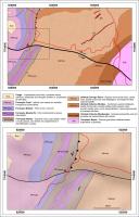 Figura 2 – a) Recorte da região onde se encontra a falha e da mina de Cata Branca , do mapa geológico da folha Itabirito, na escala 1:50.000 (Baltazar et al. 2005); b) e detalhe da falha na região da Mina Cata Branca. 