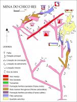 Figura 4 – Mapa geológico da Mina Chico Rei, com os principais tipos de rochas, estruturas e zonas mineralizadas (compilado de Cavalcanti, 1999).