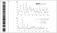 Figura 5 – a) e b) Representação esquemática das camadas, evidenciando a variação cíclica na espessura das camadas fibrosas, originalmente aragoníticas. 