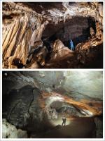 Figura 5 – a) Grande salão, no domínio oeste da caverna, com espeleotemas diversos e de grande porte (Foto: Reinaldo Silva); b) entrada do salão com material de abatimento do teto ao fundo (foto: Frederico Moreira) . Acervo da SEE