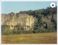 Figura 7 - Feições de destaque do Carste de Lagoa Santa. a) “janelas” lateralmente dispostas à meia-altura do maciço rochoso de Cerca Grande (foto de Ézio Luís Rubbioli). 