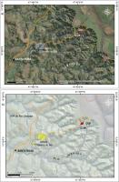 Fig. 1 - a) Imagem de satélite com a localização dos geossítios que ocorrem na área; b) modelo digital de terreno com parte da área da APA do rio Uberaba. G-21 (Lapa do Giovani); G-29 (Caieira do Giovani).