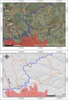 Fig. 1 - Imagem de satélite com a localização do geossítio. G-23 (Paleoaluvião do rio Uberaba); G-13 (Seção da Formação Uberaba); G-14 (Univerdecidade); b) modelo digital de terreno com a localização do geossítio.