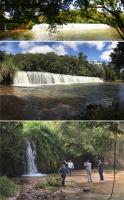 Fig. 2 - a) Vista panorâmica da cachoeira; b) vista da cachoeira com a prainha de cascalho; c) cascata que ocorre ao lado da cachoeira principal.