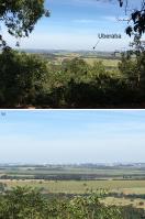 Fig. 2 - a) Vista panorâmica a partir do Mirante da Serra da Galga, com a cidade de Uberaba ao fundo; b) detalhe com a vista da cidade de Uberaba.