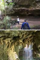 Fig. 2 - Fotos da lapa do Giovane: a) vista geral; b) detalhe dos espeleotemas e ao fundo a cachoeira.