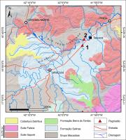 Figura 3 – Mapa geológico simplificados de parte do Campo Pegmatítico de Itinga, com a localização do (1) Pegmatito Ponte do Piauí e (2) Pegmatito da Ilha (mapa geológico compilado de Pinto &amp; Silva 2014).