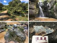 Fig. 2 - Vale Encantado encaixado nas escarpas da chapada Uberaba-Uberlândia. a) vista da entrada da RPPN Vale Encantado; b)  Cachoeira do Vale Encantado; c) bloco de silcrete na Cachoeira do Vale Encantado; d) detalhe de uma amostra de mão de silcrete;