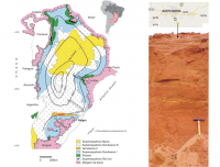 (A) Supersequências continentais da Bacia do Paraná (modificado de Milani et al., 1998 e Milani, 2003);
(B) Localização do afloramento; (C) Arenitos médios a grossos, com estratificação cruzada festonada (escala: martelo com 30 cm de comprimento).
