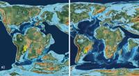 Fig. 3 - Reconstituição paleogeográfica de dois momentos da separação dos continentes (América do Sul e África) com a localização das bacias São Bento e Bauru. a) Aptiano Inferior (121,8 Ma); b) Paleoceno (60,6 Ma). Grupo São Bento (em amarelo) e Grupo Bauru (em vermelho). Reconstituições compiladas de Scotese. (2014).